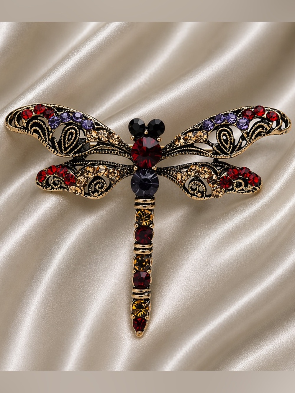 Dragonfly Red Crystal Gold Brooch